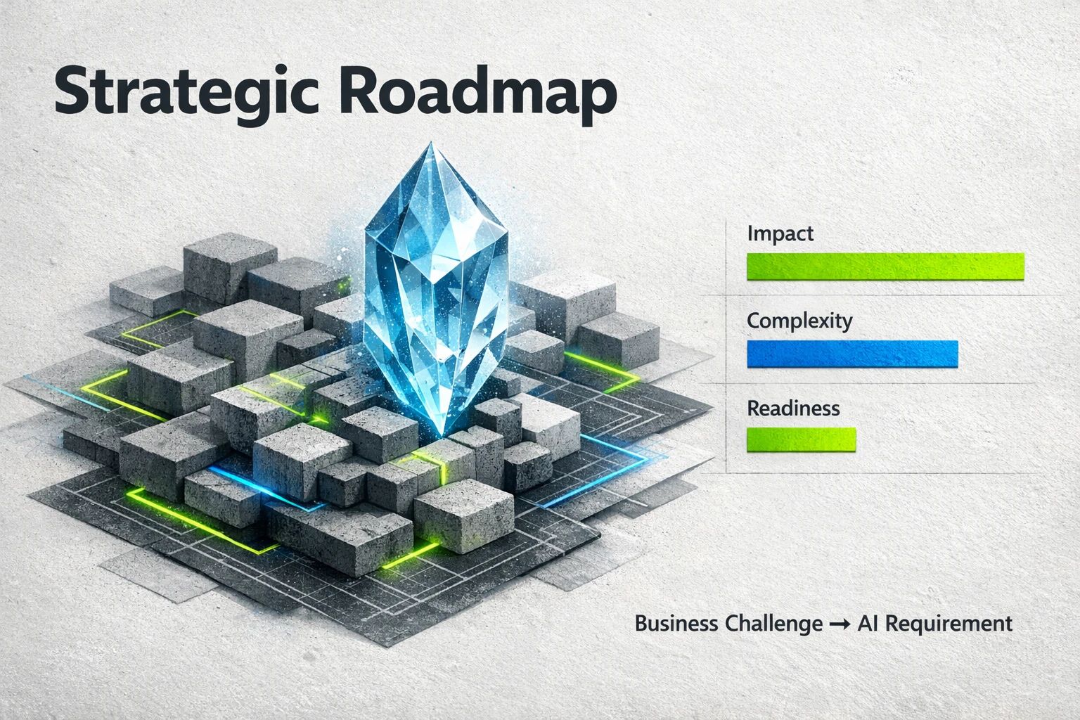 Strategic Roadmap — Visualize how business challenges translate into prioritized AI requirements and a clear roadmap using qualitative impact, complexity and readiness indicators.