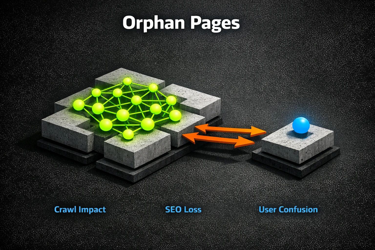 This graphic illustrates the concept of orphan pages by contrasting well-connected site pages with isolated, unlinked pages, highlighting SEO and crawl impacts.