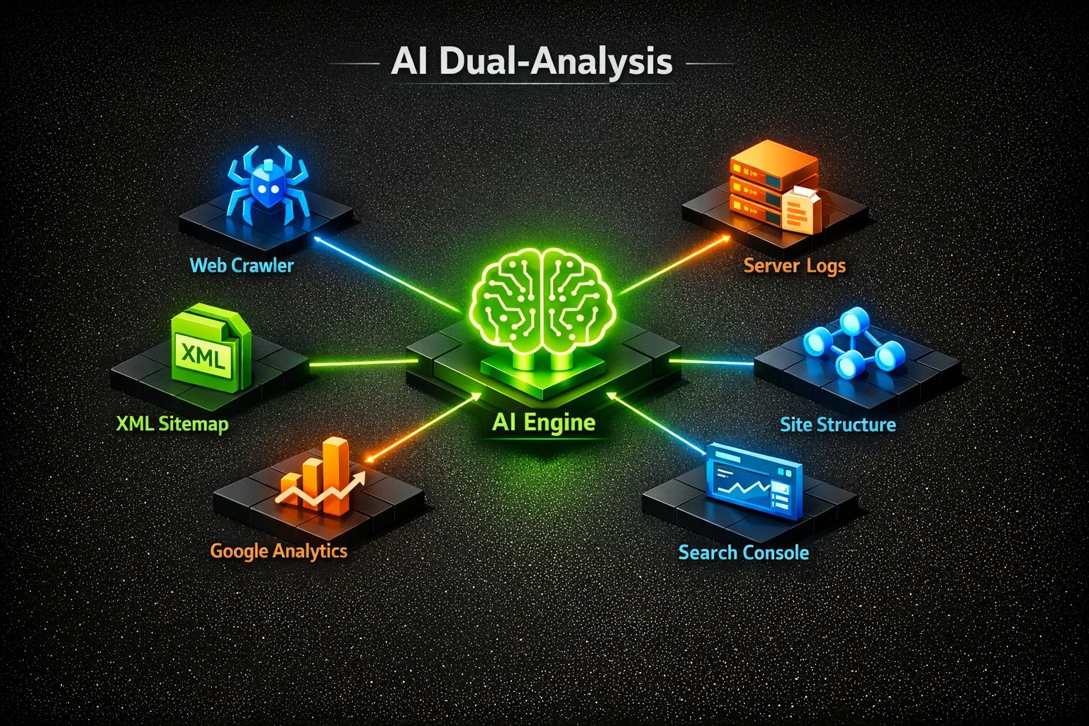 This image visualizes AI's integration of multiple data sources to identify orphan pages and indexability gaps through a dual-analysis framework.