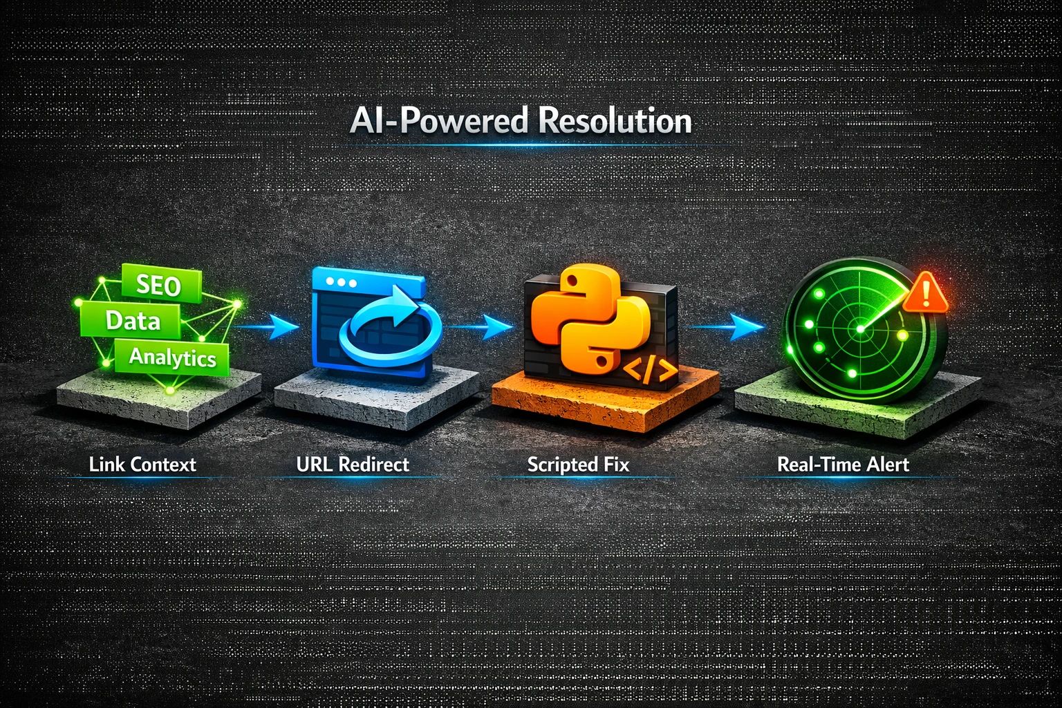 This visual presents AI-powered strategies to resolve orphan pages including semantic linking, redirects, Python automation, and continuous monitoring.