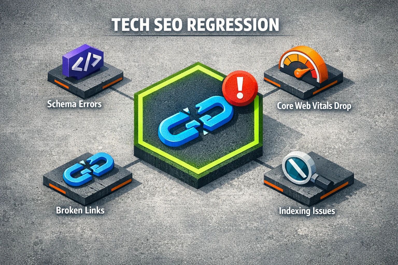 A visual defining common technical SEO regressions like broken links, schema errors, and drops in Core Web Vitals, clarifying the core problem for the reader.