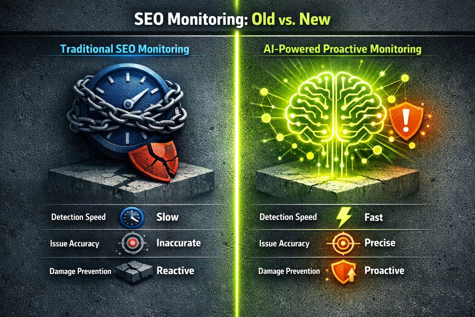 A comparison table showing Traditional Monitoring (Slow, Reactive, Manual, High Risk) versus AI-Driven Monitoring (Instant, Proactive, Automated, Low Risk), highlighting AI's superiority.