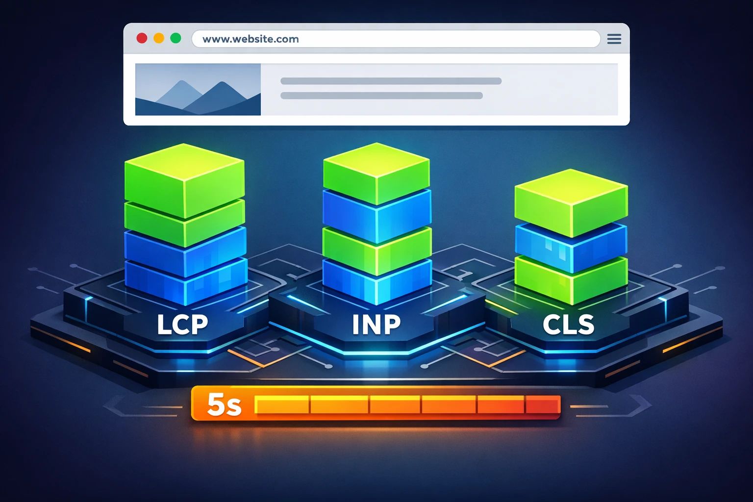 An illustration showing how delayed JavaScript execution can negatively impact Core Web Vitals scores, such as LCP, INP, and CLS, which are important for SEO.
