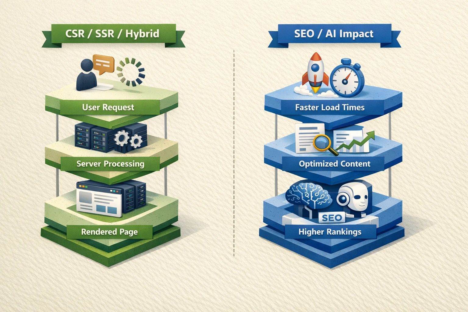 A comparison table of different rendering strategies like SSR, CSR, SSG, and Dynamic Rendering, detailing their pros and cons for SEO and AI crawler visibility.