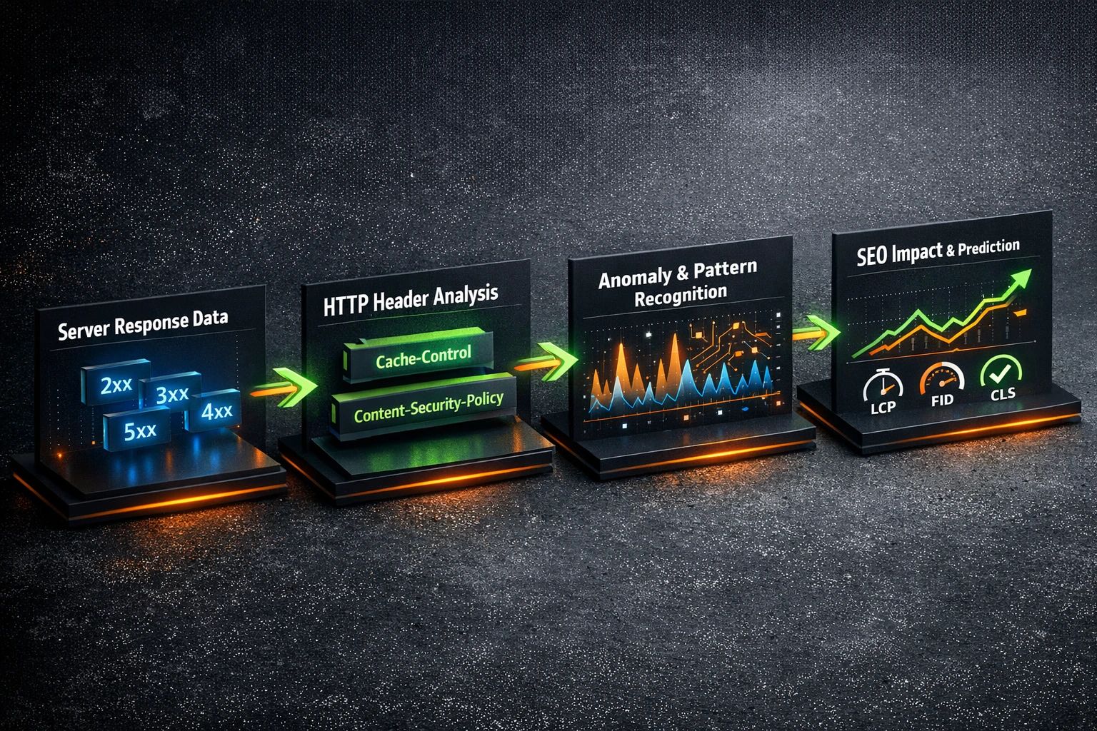 Illustrates AI's stepwise predictive analysis correlating server data and HTTP headers with SEO health metrics like Core Web Vitals.