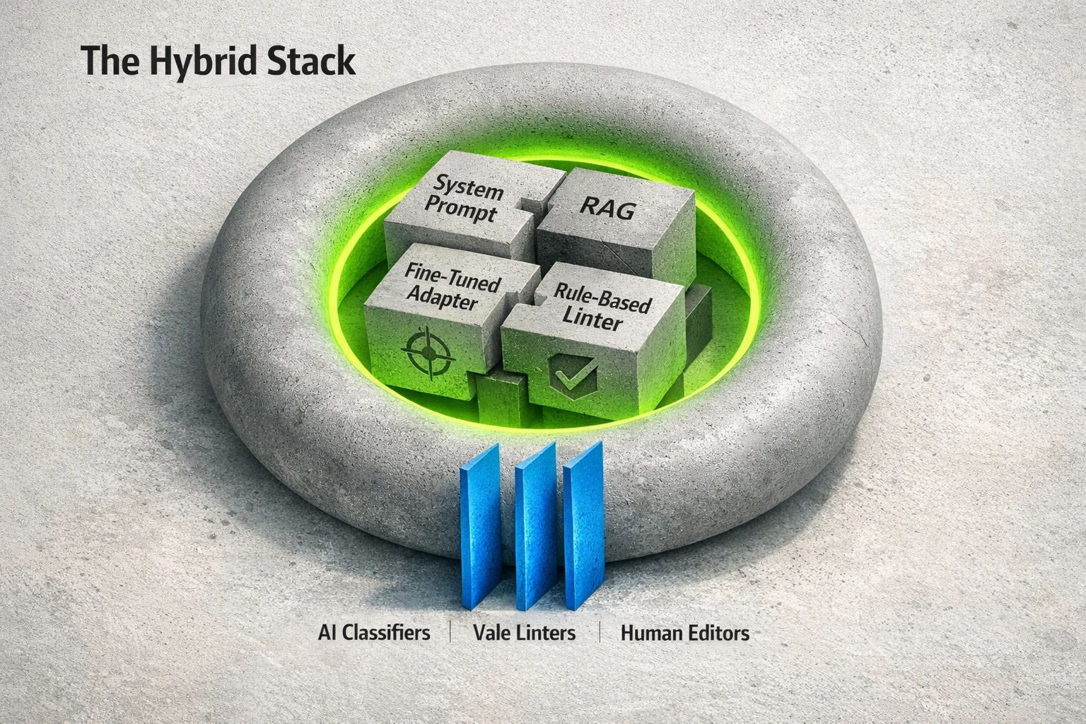 Diagram of a hybrid stack (Prompt + RAG + Adapter + Linter) feeding into a 3-layer validation process (AI Classifiers, Vale Linters, Human Editors).