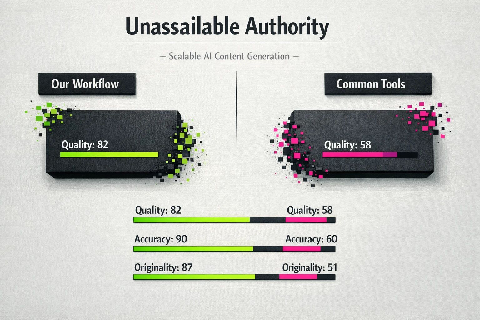 A side-by-side comparison chart showing the differences between a governance-first AI workflow and common tool-centric approaches. The governance-first side has high confidence bars for quality, accuracy, and originality, while the tool-centric side shows lower, more volatile results.