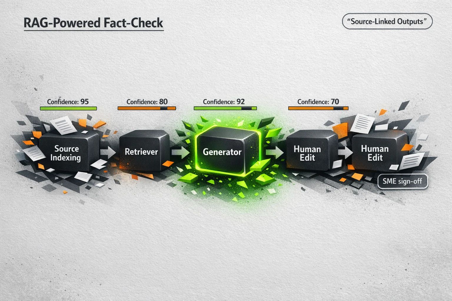 A flowchart diagram illustrating the Retrieval-Augmented Generation (RAG) process. It shows a prompt going into the AI, which then queries a verified knowledge base, retrieves relevant source data, and generates content that is verifiably linked to those sources, before a final check by a Subject Matter Expert.