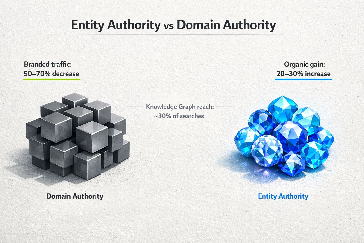 A diagram comparing Domain Authority, focused on website metrics like backlinks, to Entity Authority, which encompasses broader signals like citations, schema, and brand mentions.