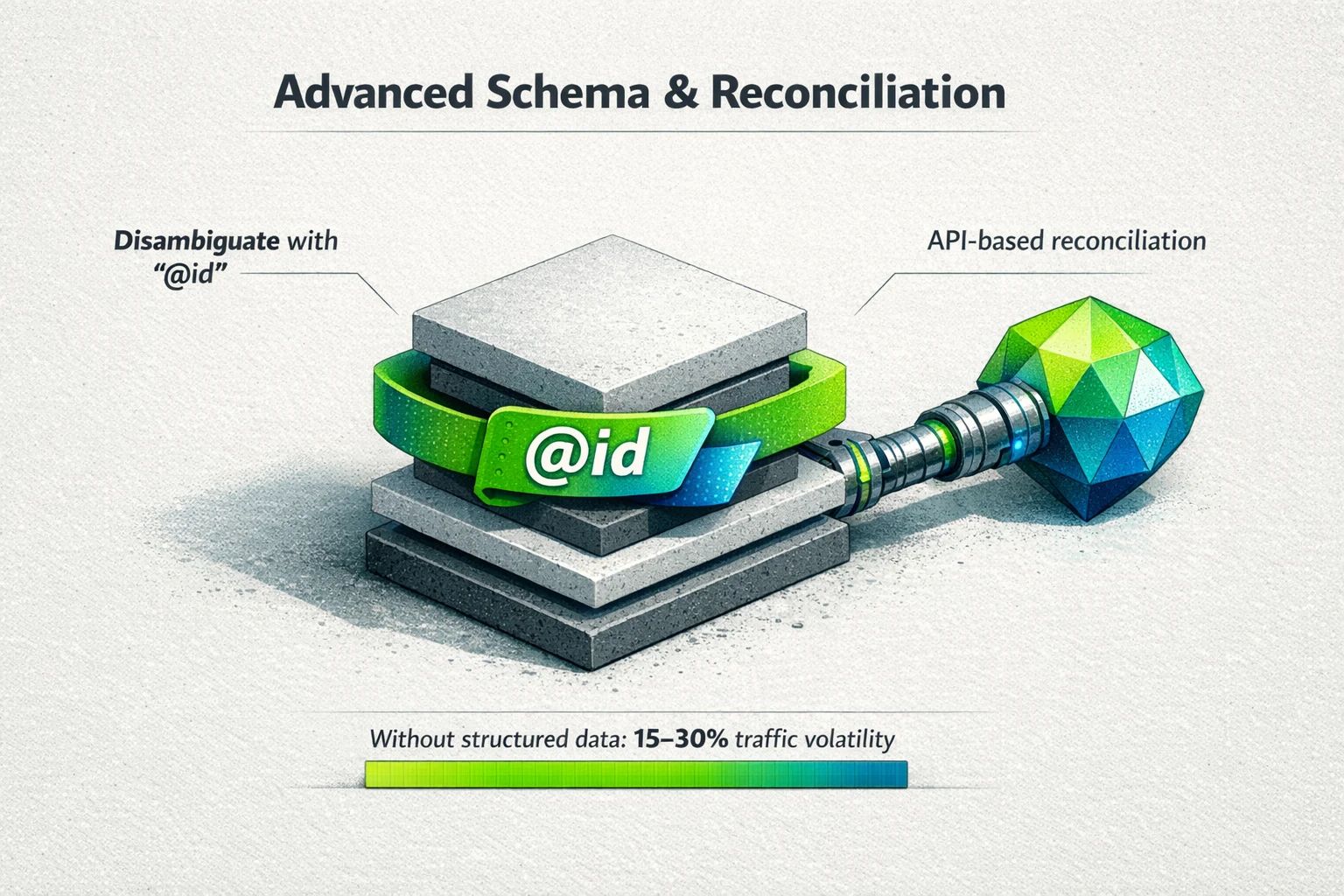 A technical diagram showing how the '@id' property in schema markup connects to a company's Entity Home, while API reconciliation links to other known entities in the Knowledge Graph.