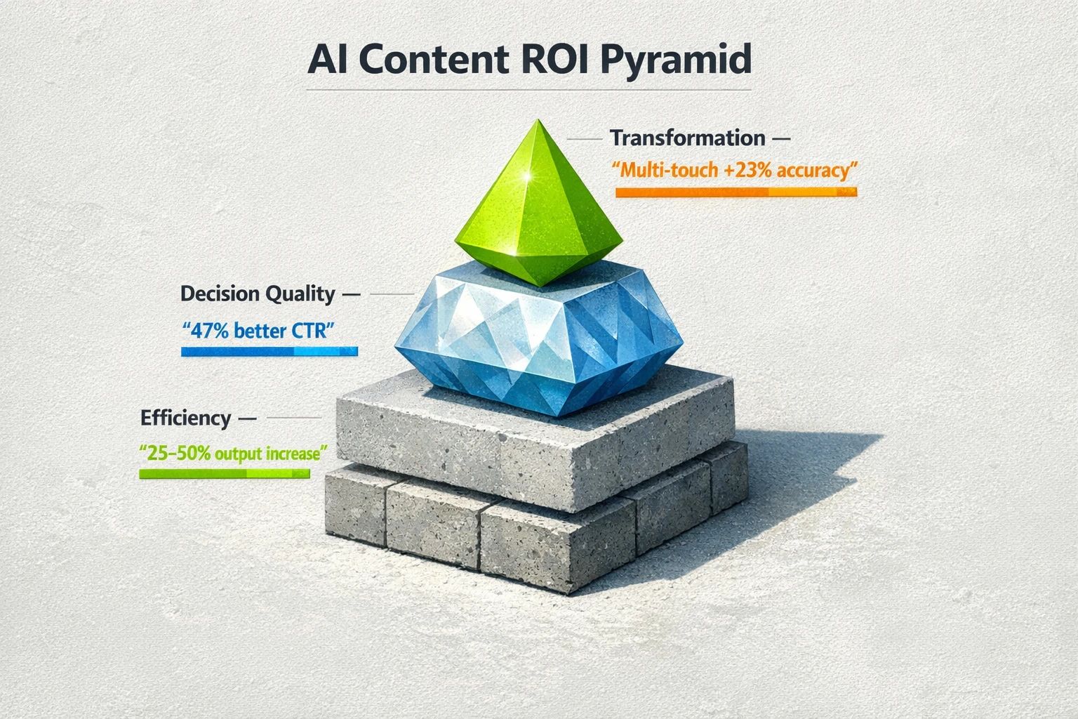 The AI Content ROI Pyramid visualizes Efficiency, Decision Quality, and Transformation with research-backed metrics to support leadership reporting.