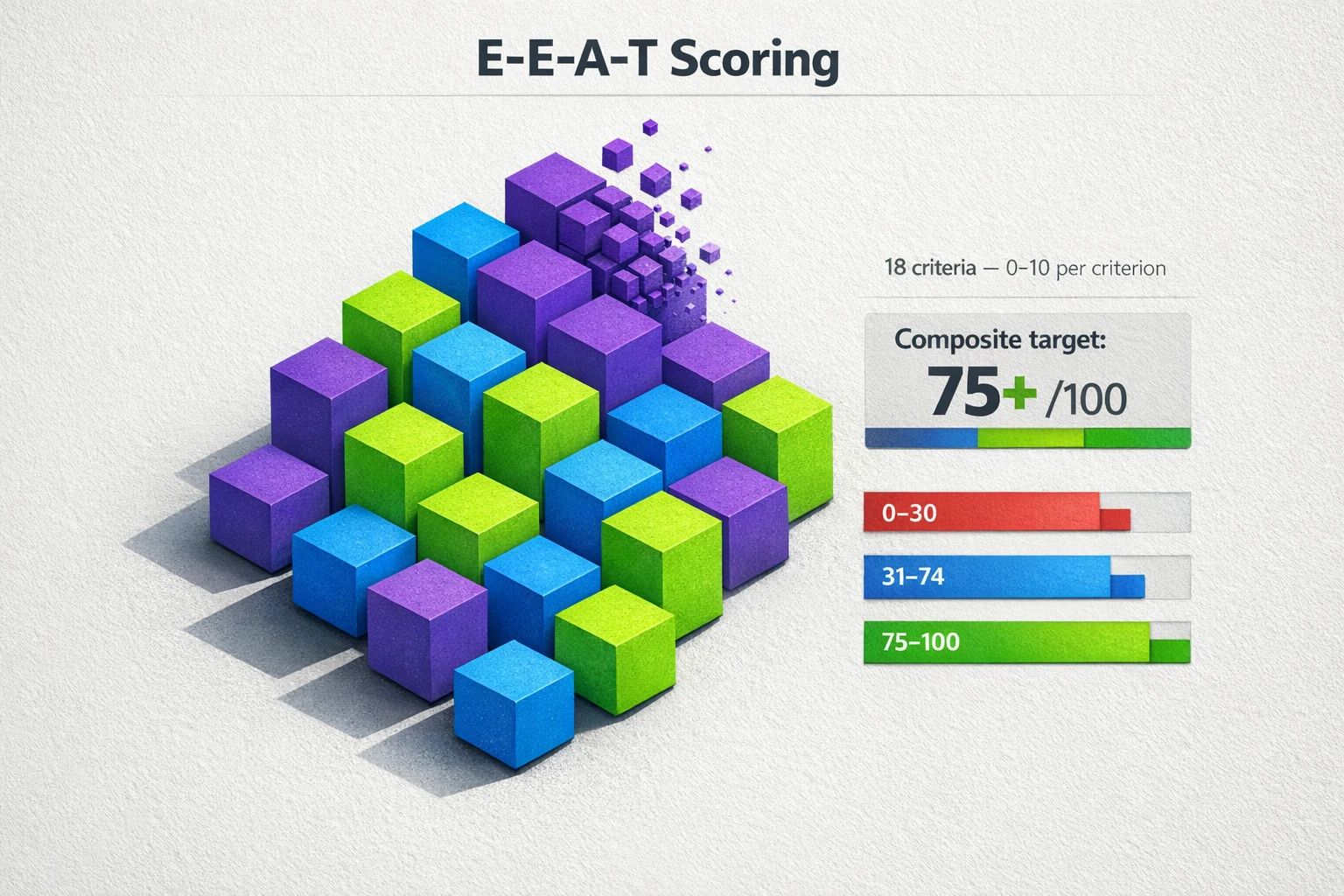 A dimensional E‑E‑A‑T scoring framework showing 18 criteria scored 0–10 and a composite target of 75+ to measure content quality objectively.