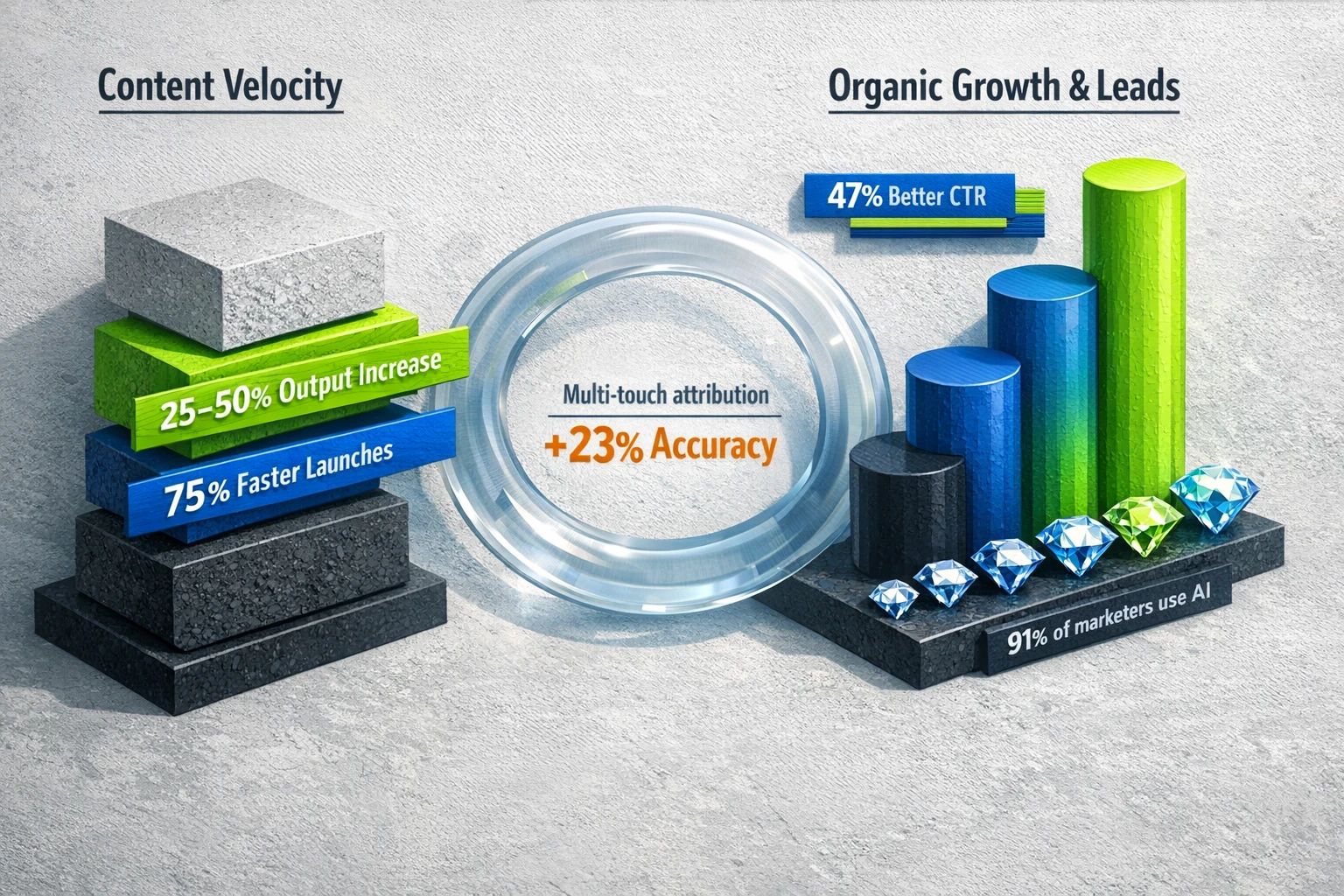 A visual comparison linking AI-driven content velocity to organic growth and multi-touch attribution accuracy, helping quantify content investments for leadership.