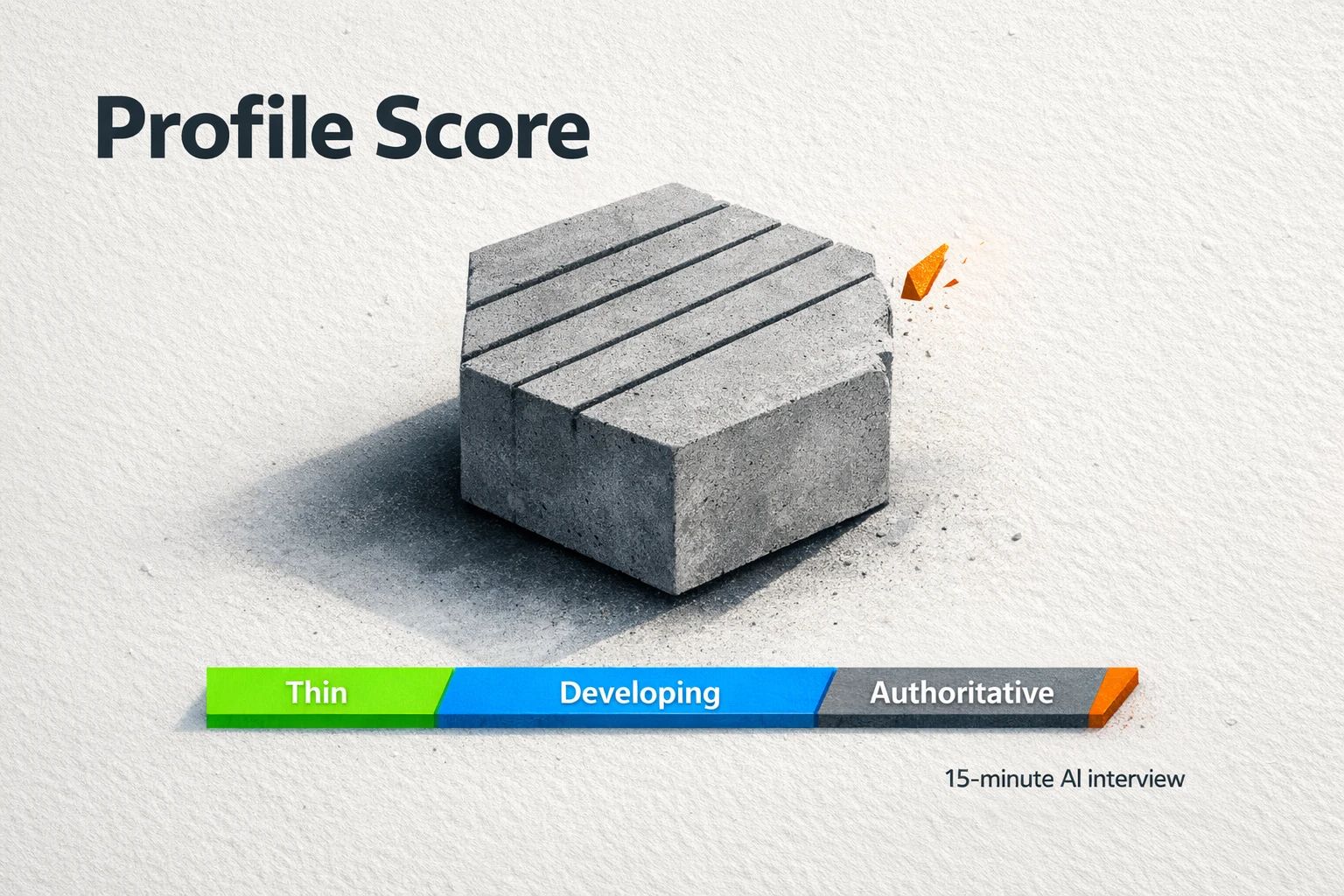 Renomo's Authority Blueprint runs a ~15 minute AI interviewer (Maya) to produce a scored deck and a stage plan with per element rewrites you can paste. The image visualizes the diagnostic baseline and the qualitative progress bands (Thin, Developing, Authoritative).