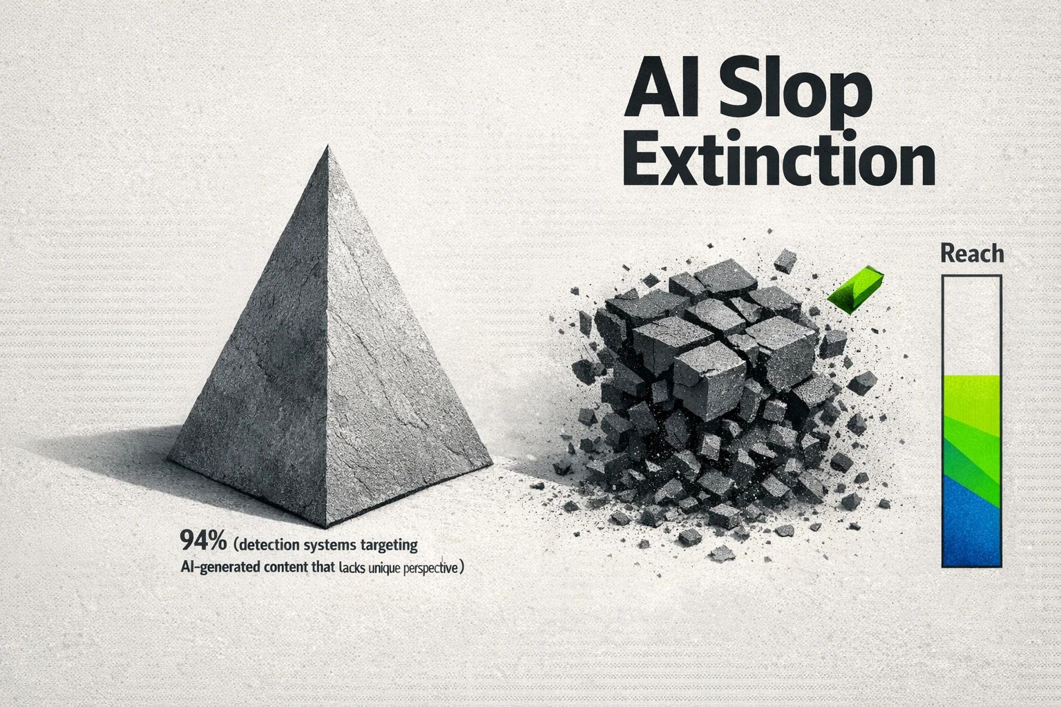 LinkedIn's detection systems targeting AI generated content that lacks unique perspective reported an initial accuracy figure of 94 percent, visualized here as a protective pyramid versus AI slop fragments to show the reach risk of generic automated posts.