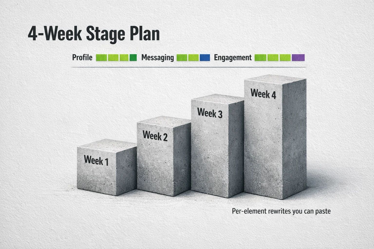 The Authority Blueprint delivers a scored deck and a 4 week stage plan with per element rewrites you can paste, converting a thin profile into an authoritative presence through structured weekly work.