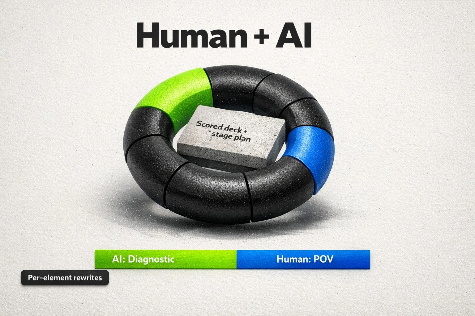 Use AI to diagnose and refine, not to replace human perspective. Renomo's process reads your profile, produces a scored deck, and supplies per element rewrites so executives retain a human point of view while scaling content.