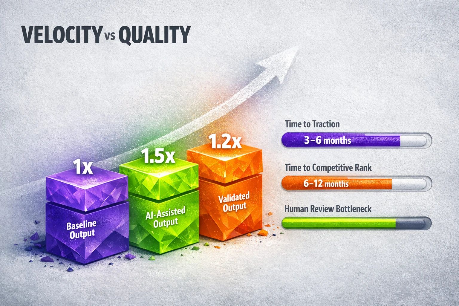 Visualizes sustainable velocity vs. quality: expected amplification, realistic timelines, and the human-review bottleneck to guide capacity planning.