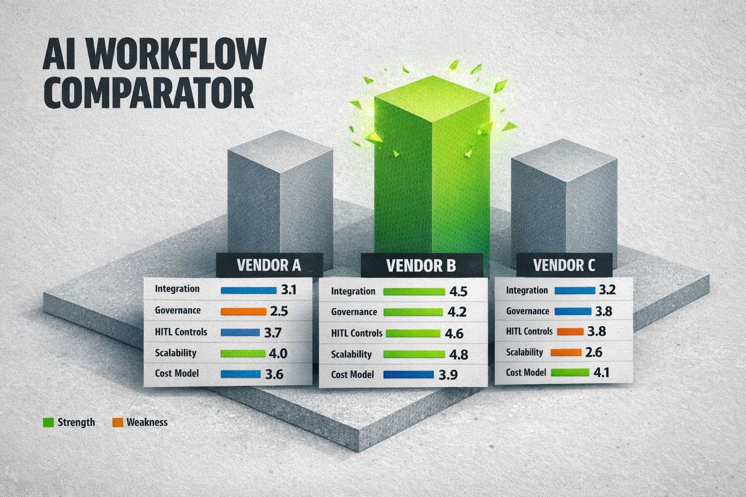 Side-by-side decision comparator showing integration, governance, and HITL controls — designed to speed vendor selection using clear, textured metric visuals.
