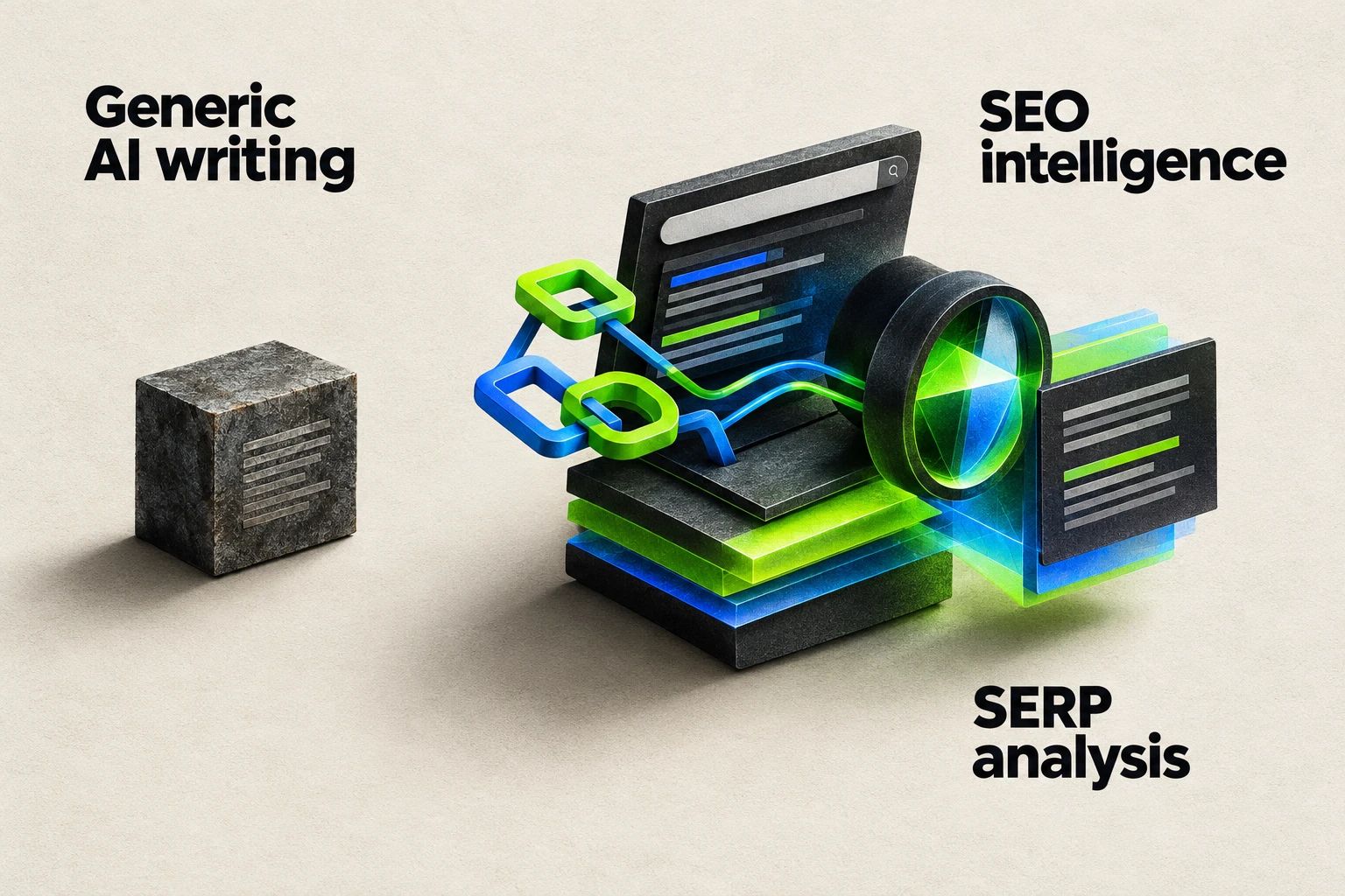 Generic AI writing is contrasted with SEO intelligence and SERP analysis as distinct parts of a content decision.