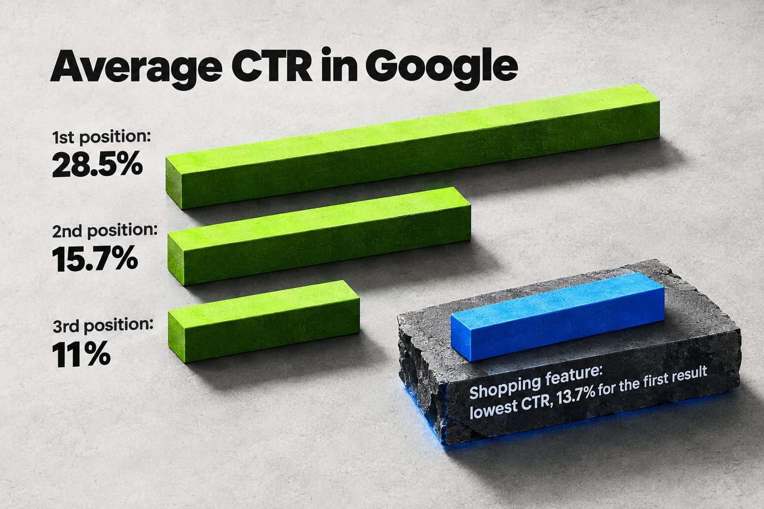 The average CTR in Google is 28.5% for the first position, 15.7% for the second, and 11% for the third.