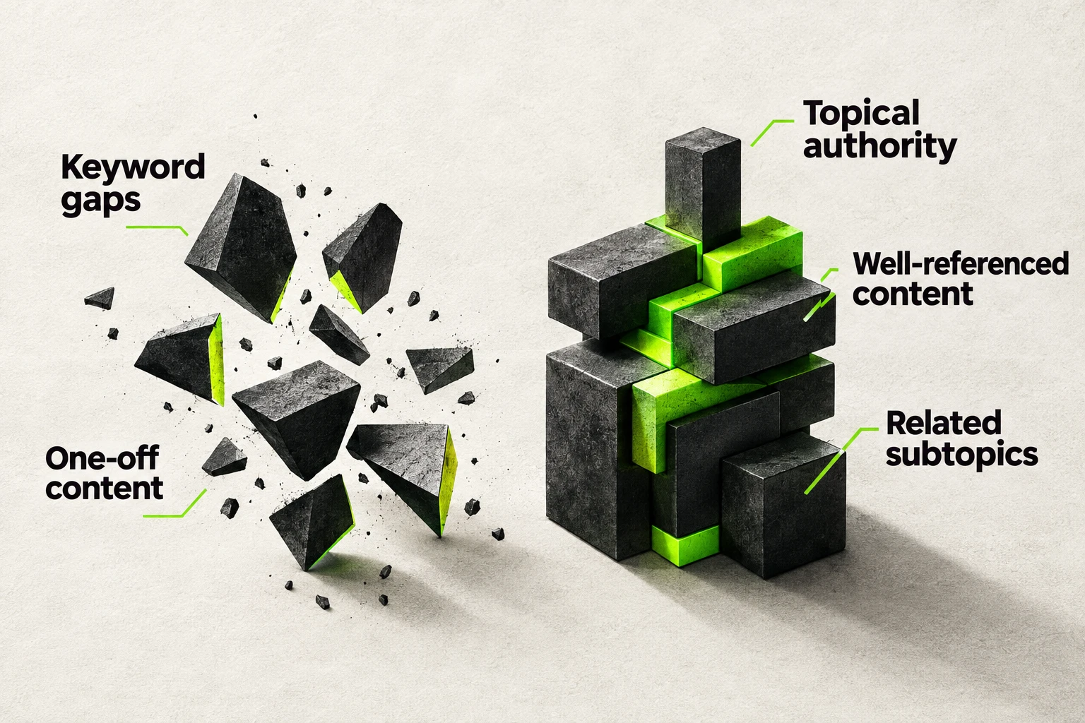 Brands with comprehensive, well-referenced content across related subtopics consistently outperform one-off content efforts.