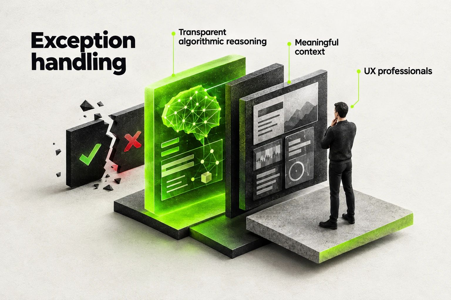 Internal exception-handling interfaces provide transparent algorithmic reasoning and meaningful context beyond simple approve/reject buttons.
