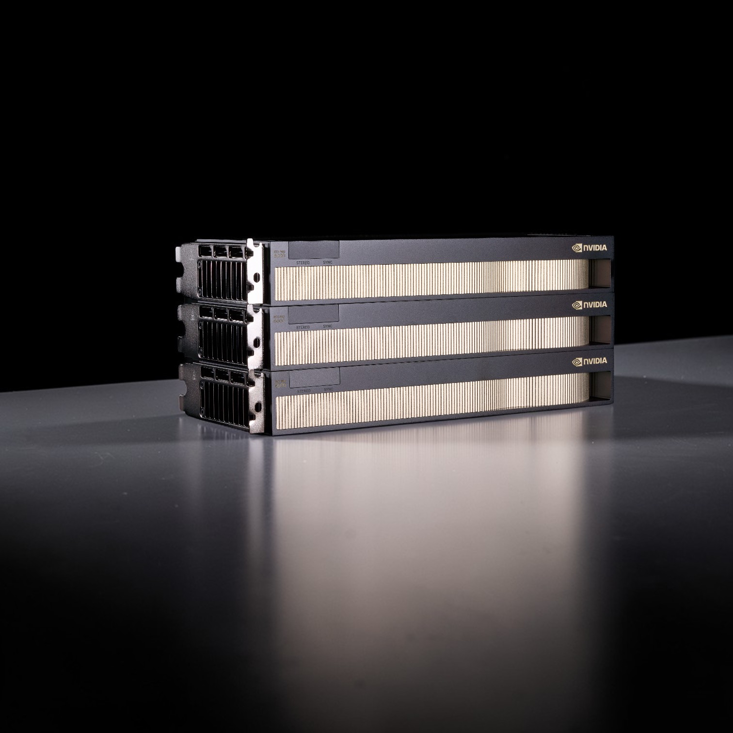  A stack of NVIDIA RTX PRO 6000 MAX Q GPUs on a black counter