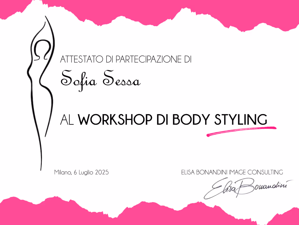 Zertifikat von Sofia Sessa für die Teilnahme am Body Styling Workshop in Mailand 2025 bei Elisa Bonandini Image Consulting