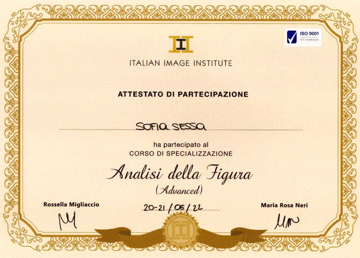 Zertifikat von Sofia Sessa zur Spezialisierung in Figuranalyse (Advanced) am Italian Image Institute