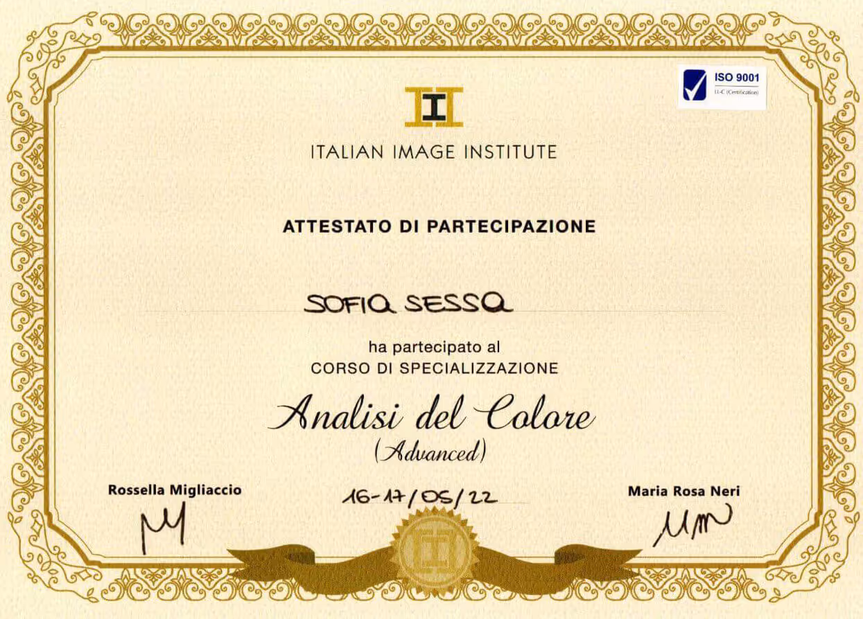 Zertifikat von Sofia Sessa zur Spezialisierung in Farbberatung (Analisi del Colore - Advanced) am Italian Image Institute