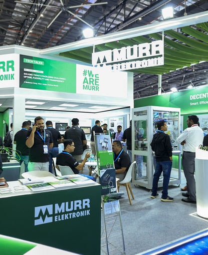 Product wall detail of the Murr Elektronik exhibition stand by Blues N Coppers