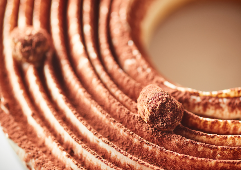 Close-up of a chocolate dessert with a spiral cocoa-dusted texture, decorated with small chocolate truffles.