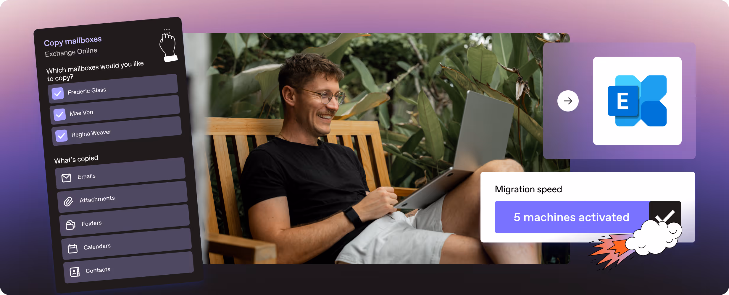 ShareGate interface showing Exchange Online mailbox migration between tenants, with a person working in the background
