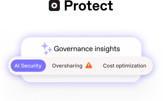 ShareGate Protect product dashboard showing governance insights, AI security, and cost optimization for Microsoft 365