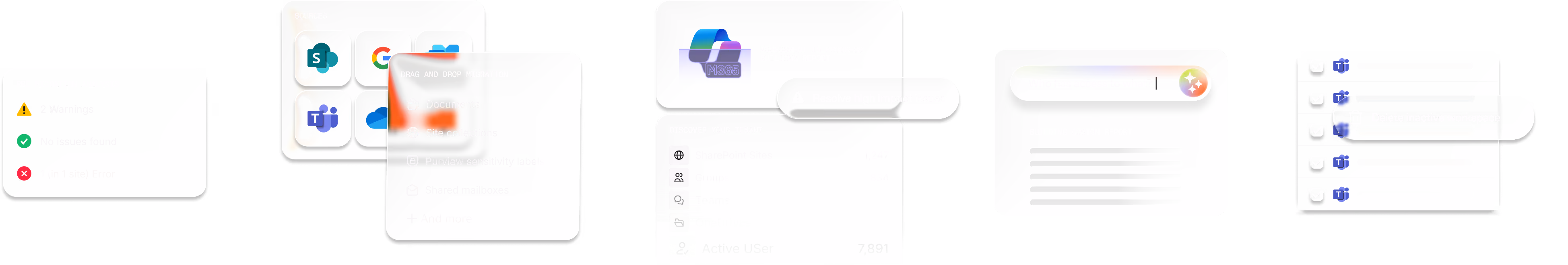 ShareGate Migrate and Protect interface showing drag-and-drop migration to Microsoft 365, partner assessment tools, and governance risk assessment with tenant discovery.