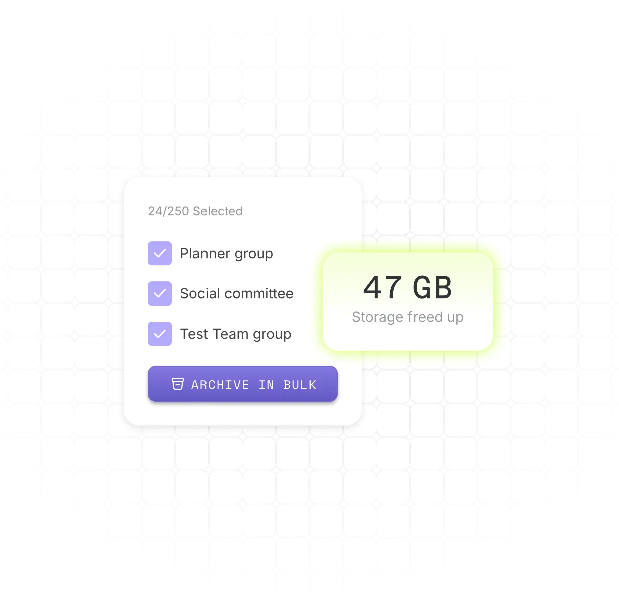 ShareGate Protect workspace management view showing inactive sites and bulk archive action with storage reclaimed