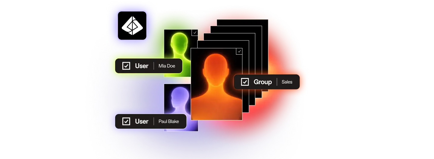 ShareGate Entra ID migration interface showing glowing user silhouettes being mapped, with checkboxes labeling a user (Mia Doe) and a group (Sales) selected for migration.