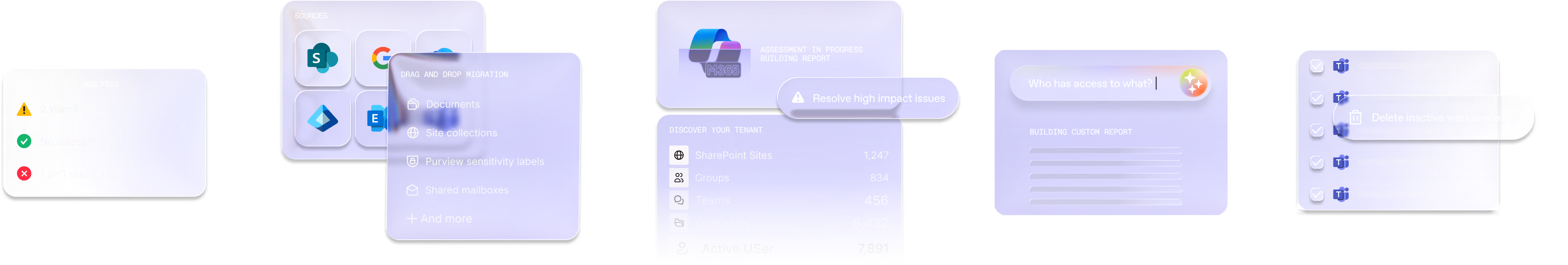 ShareGate Migrate and Protect interface showing drag-and-drop migration to Microsoft 365, partner assessment tools, and governance risk assessment with tenant discovery.