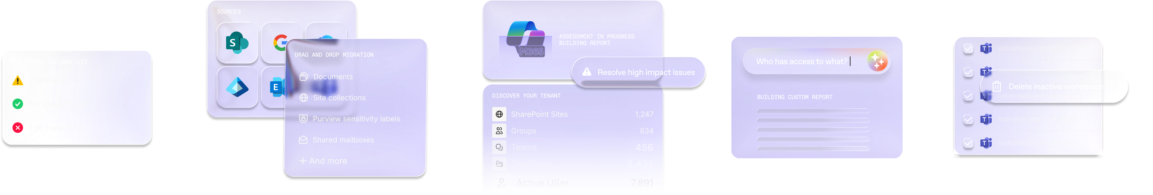ShareGate Migrate and Protect interface showing drag-and-drop migration to Microsoft 365, partner assessment tools, and governance risk assessment with tenant discovery.