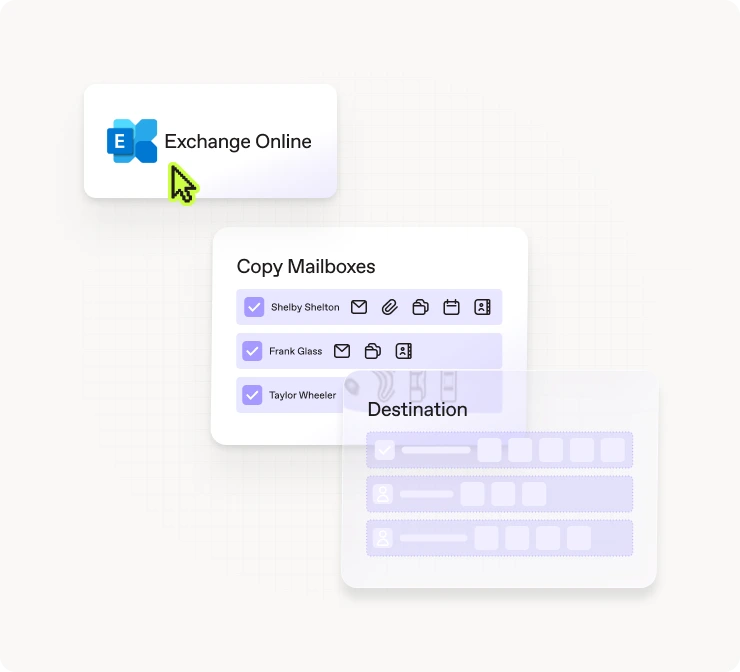 ShareGate Copy Mailboxes interface with Exchange Online selected as the source and Shelby Shelton, Frank Glass, and Taylor Wheeler checked for migration to the destination tenant.