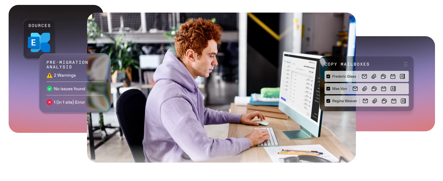 ShareGate Exchange Online migration interface overlaid on a photo of an IT pro at a computer, showing Exchange as the source, a pre-migration analysis with 2 warnings and 1 error, and a copy mailboxes panel with Frederic Glass, Mae Von, and Regina Weaver selected.