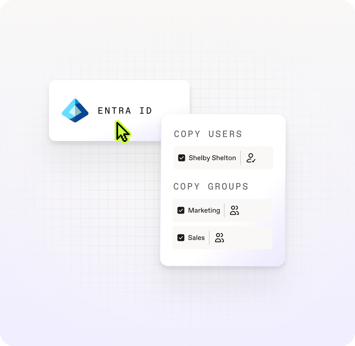 ShareGate Entra ID panel showing copy users and copy groups options, with Shelby Shelton selected as a user and Marketing and Sales checked as groups to migrate.