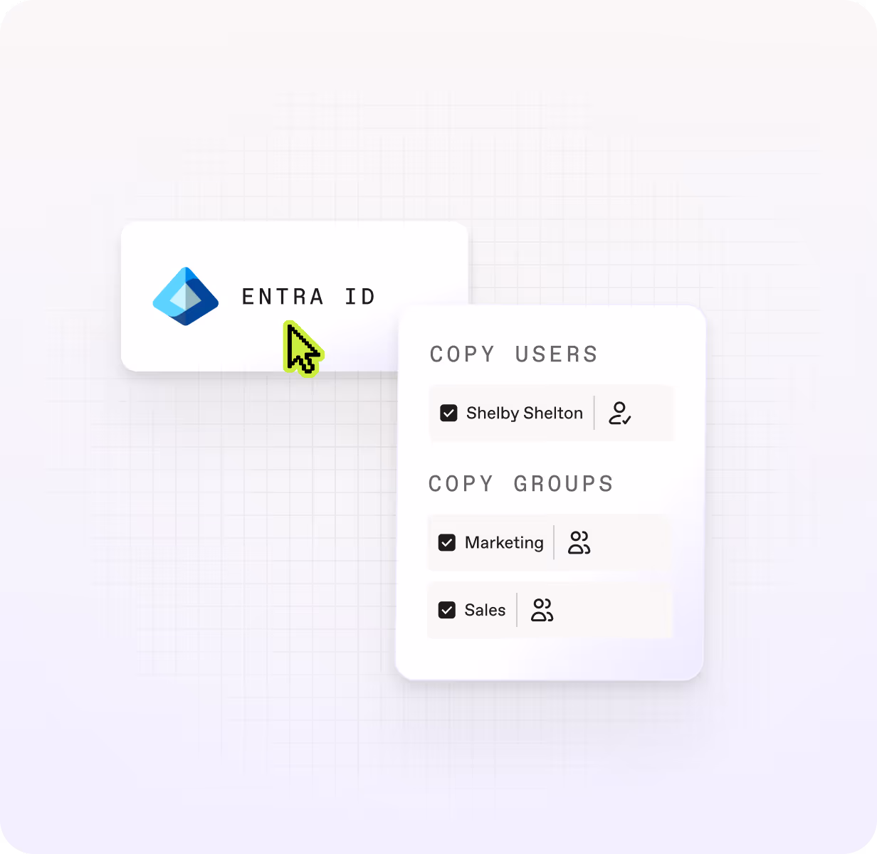 ShareGate Entra ID panel showing copy users and copy groups options, with Shelby Shelton selected as a user and Marketing and Sales checked as groups to migrate.