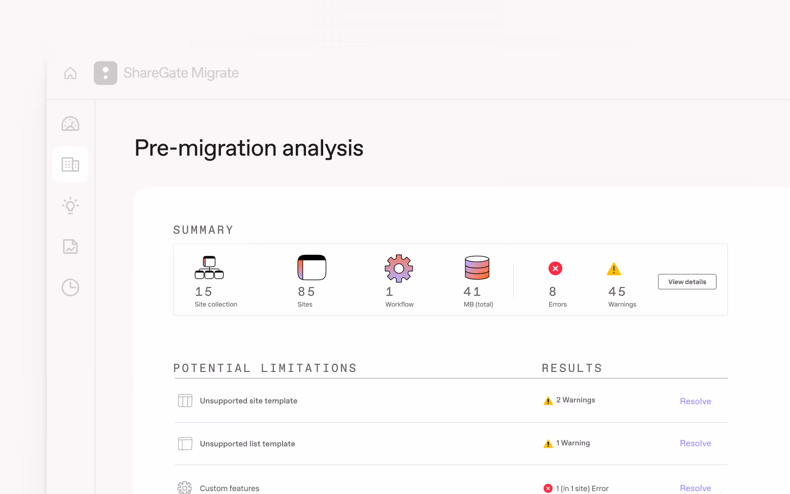ShareGate Migrate pre-migration analysis screen showing a summary of 15 site collections, 85 sites, 8 errors, and 45 warnings, with a list of potential limitations including unsupported site templates and custom features flagged for review.
