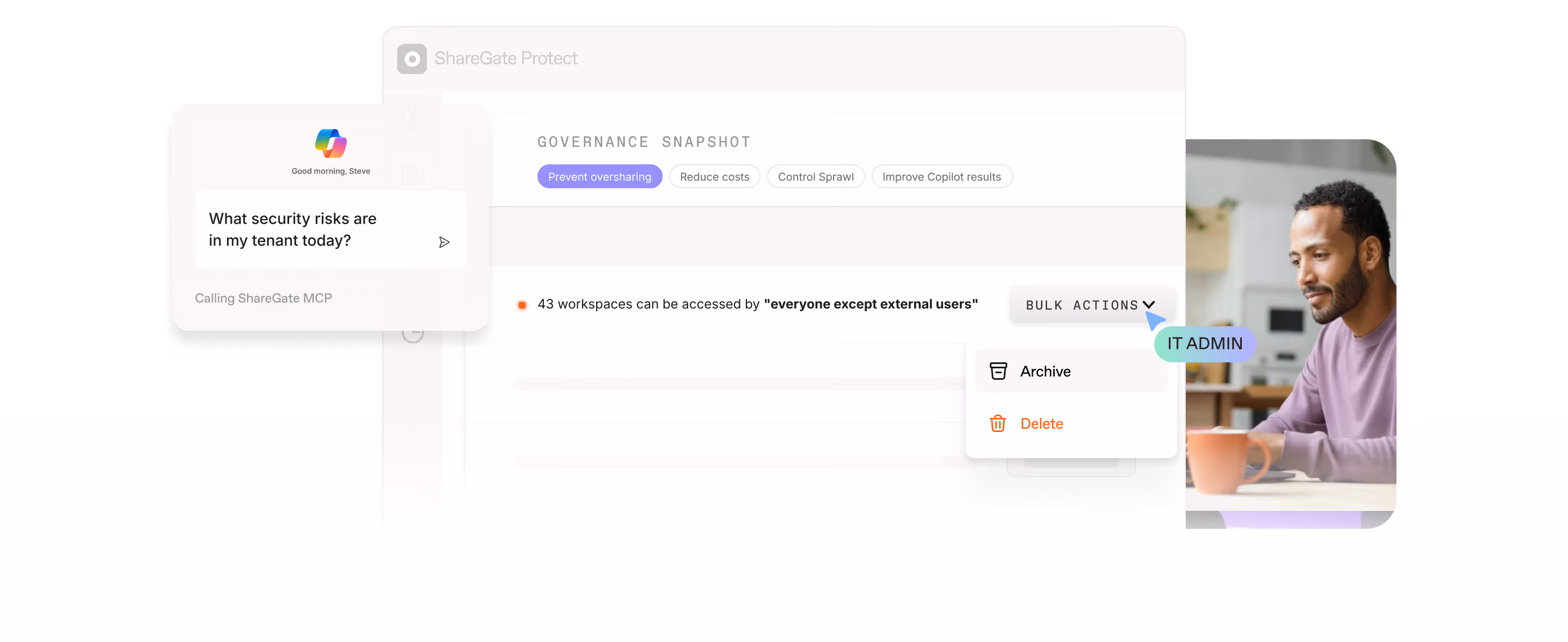ShareGate Protect dashboard showing a governance snapshot with 43 workspaces flagged as critical for "everyone except external users" access, with bulk archive and delete actions available