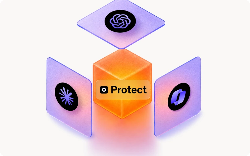 3D illustration of ShareGate Protect at the center, connected to ChatGPT, Claude, and Microsoft Copilot as surrounding nodes