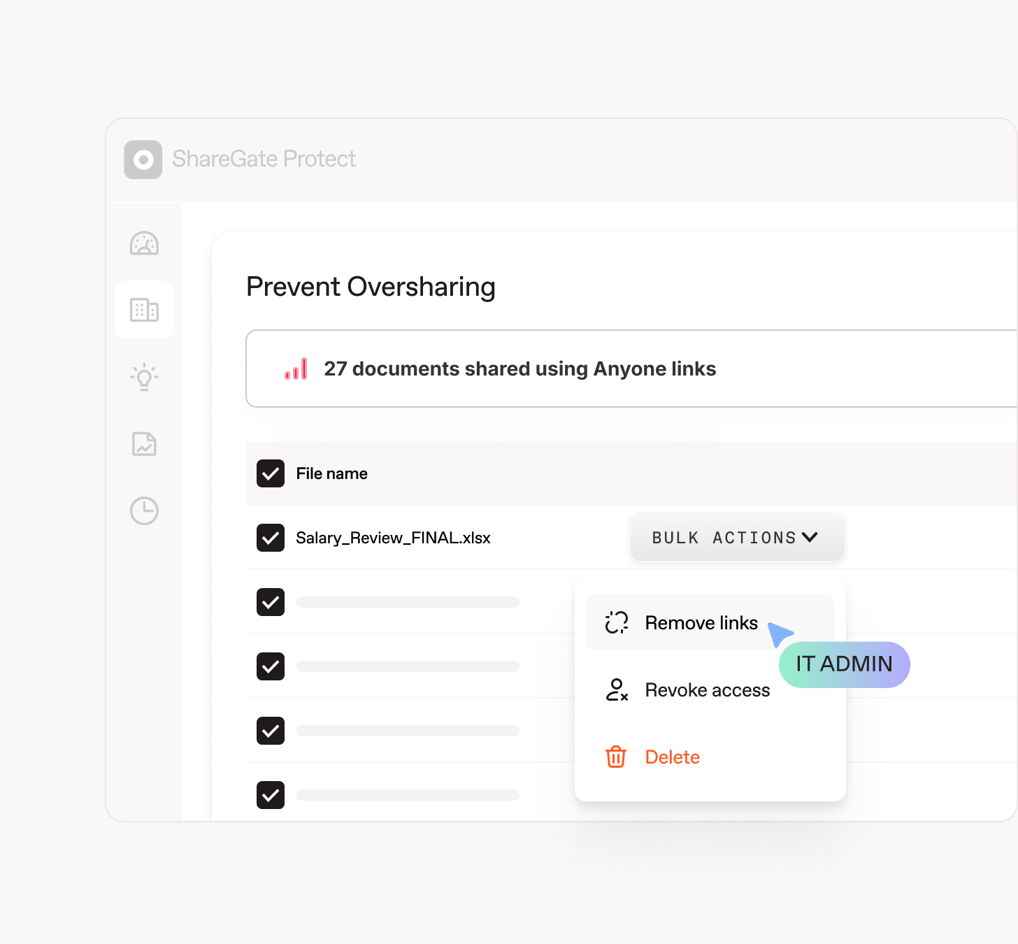 ShareGate Protect oversharing prevention panel showing 27 documents shared via Anyone links, with a flag for review by an IT admin