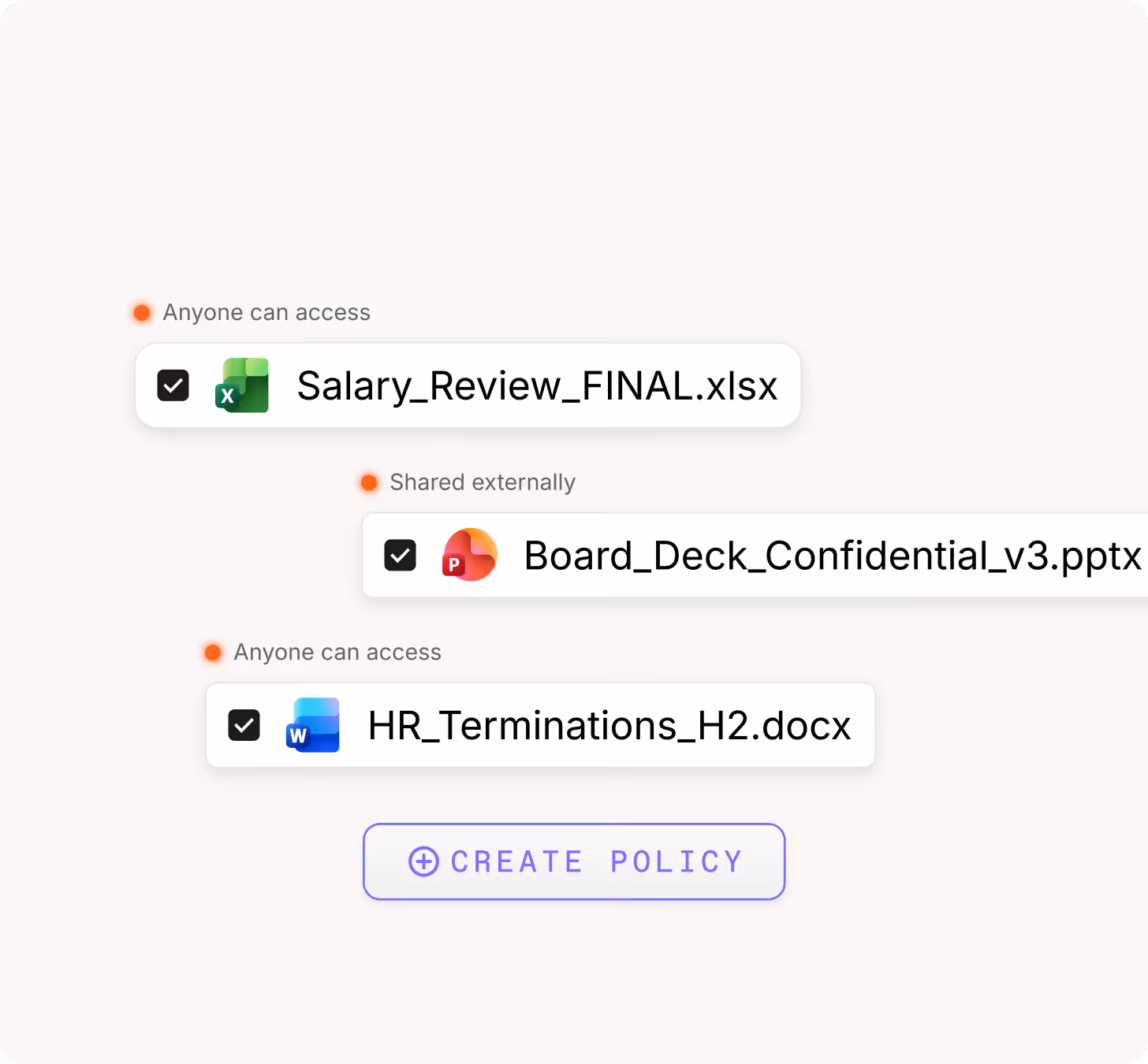 ShareGate Protect permissions view showing three files flagged for risky sharing: a salary review spreadsheet accessible to anyone, a confidential board deck shared externally, and an HR terminations document accessible to anyone