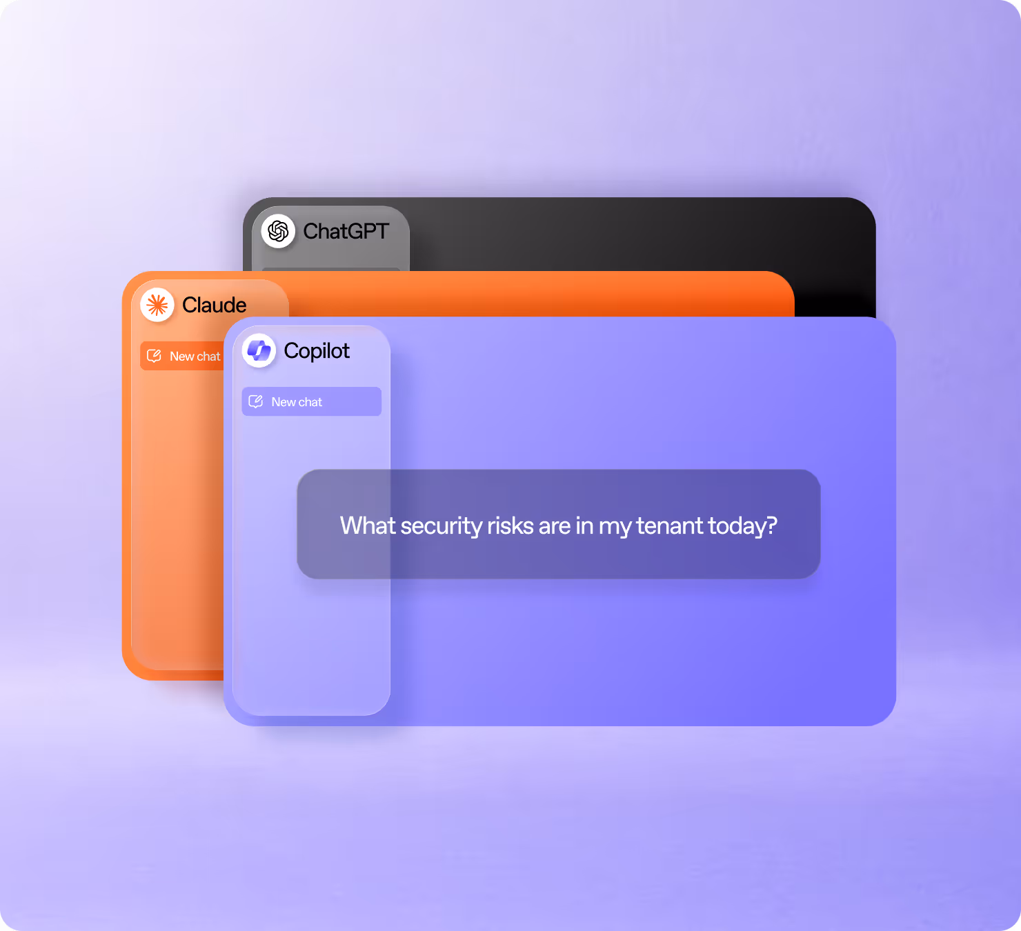 ShareGate MCP connected to Claude, ChatGPT, and Microsoft Copilot interfaces, with a governance question "What security risks are in my tenant today?" typed into Copilot